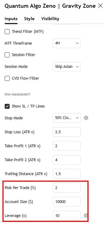 Risk Management 设置面板，显示 Risk Per Trade、Account Size 和 Leverage 输入项
