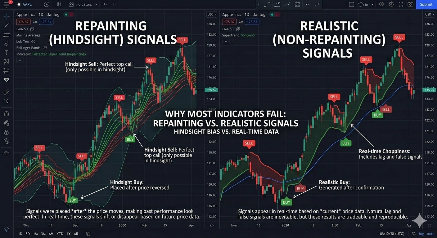Repainting vs non-repainting TradingView indicators — hindsight signals vs realistic signals