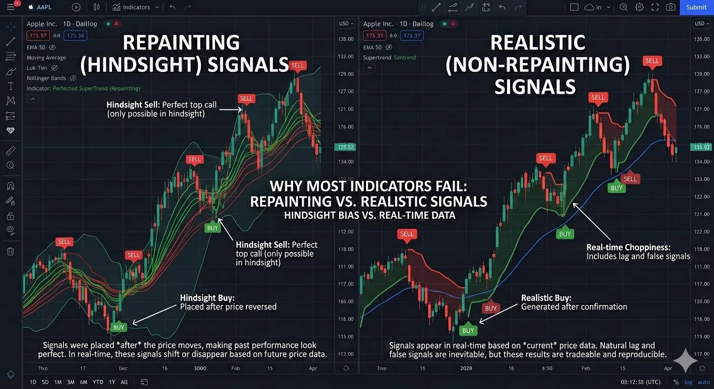 Indicadores TradingView que repintam vs não repintam — sinais em retrospectiva vs sinais realistas