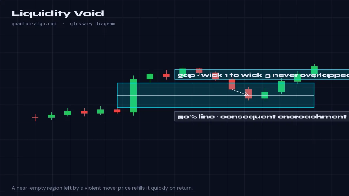 Liquidity Void diagram by Quantum Algo: A liquidity void is a price region that was traversed so fast that almost no volume traded there — a large gap on the chart and the profile — which price tends to refill quickly and completely when it returns.