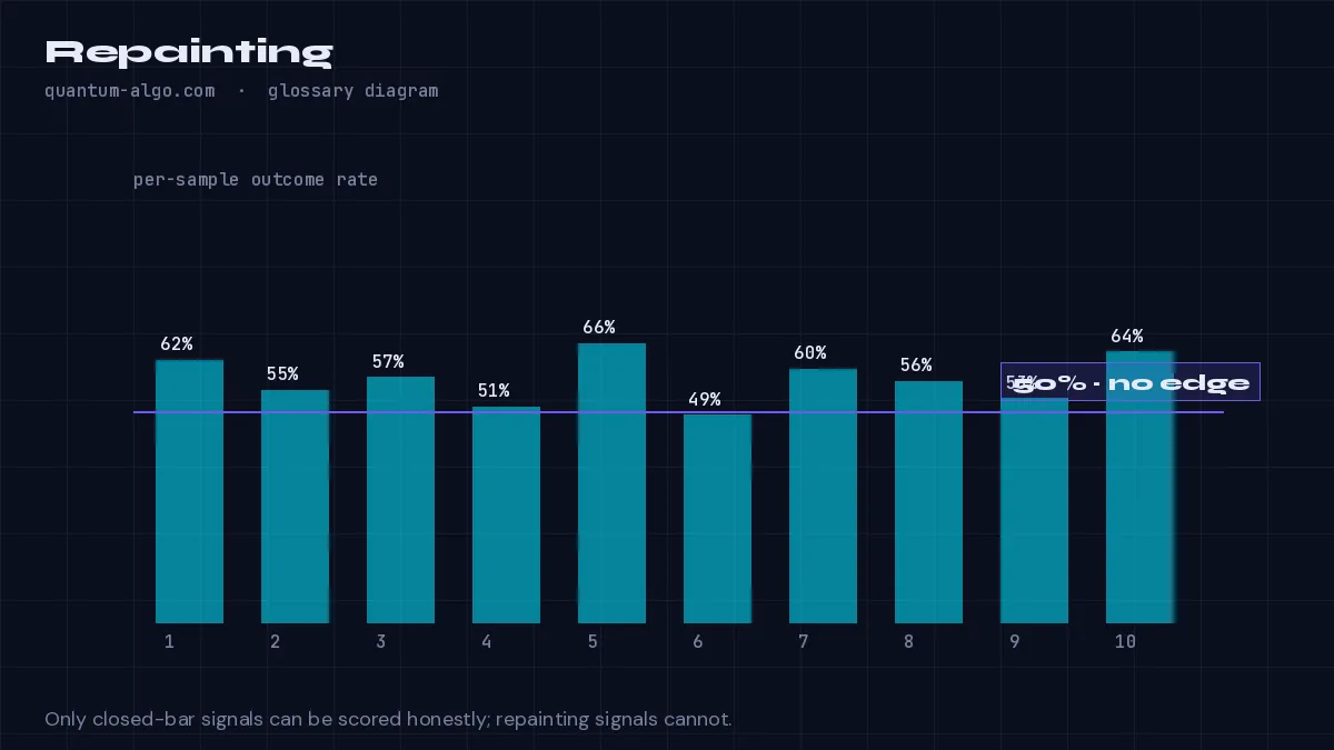 Repainting diagram by Quantum Algo: Repainting is when an indicator changes, moves or deletes a signal after it was shown — because it used the unclosed bar, future data or a higher timeframe without lookahead protection — so the historical chart looks better than the indicator performed live.