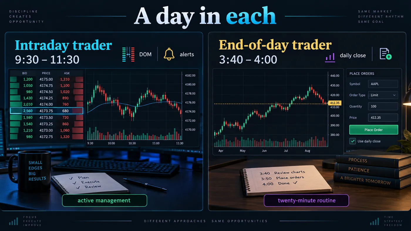 Two timelines Two timelines: an intraday trader at the screen from 9:30 to 11:30 with a DOM and alerts, and an end-of-day trader spending twenty minutes at 3:40 to 4:00 placing orders off the daily close