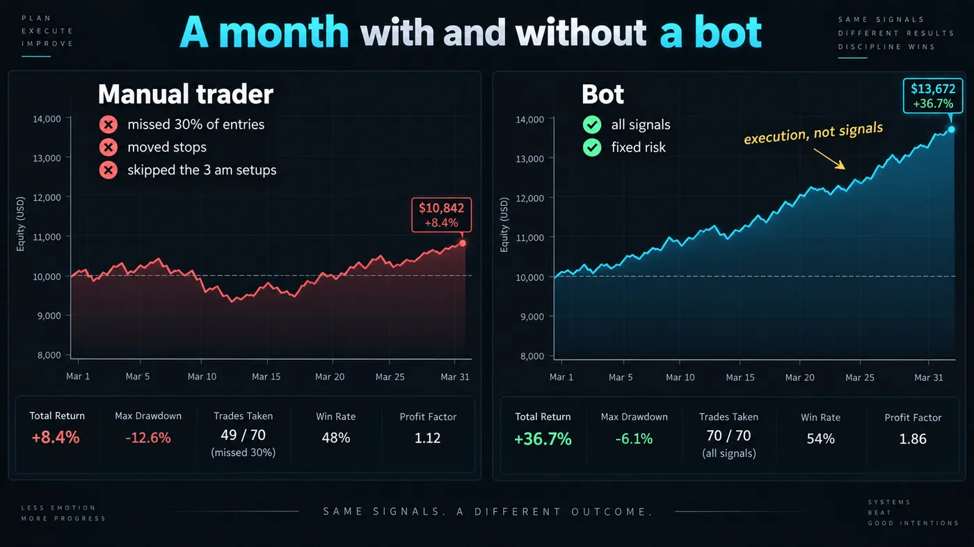 Two equity curves from the same month of signals Two equity curves from the same month of signals: a manual trader who missed 30 percent of entries, moved stops and skipped the 3 am setups, and a bot that took every signal at fixed risk, the gap annotated execution not signals