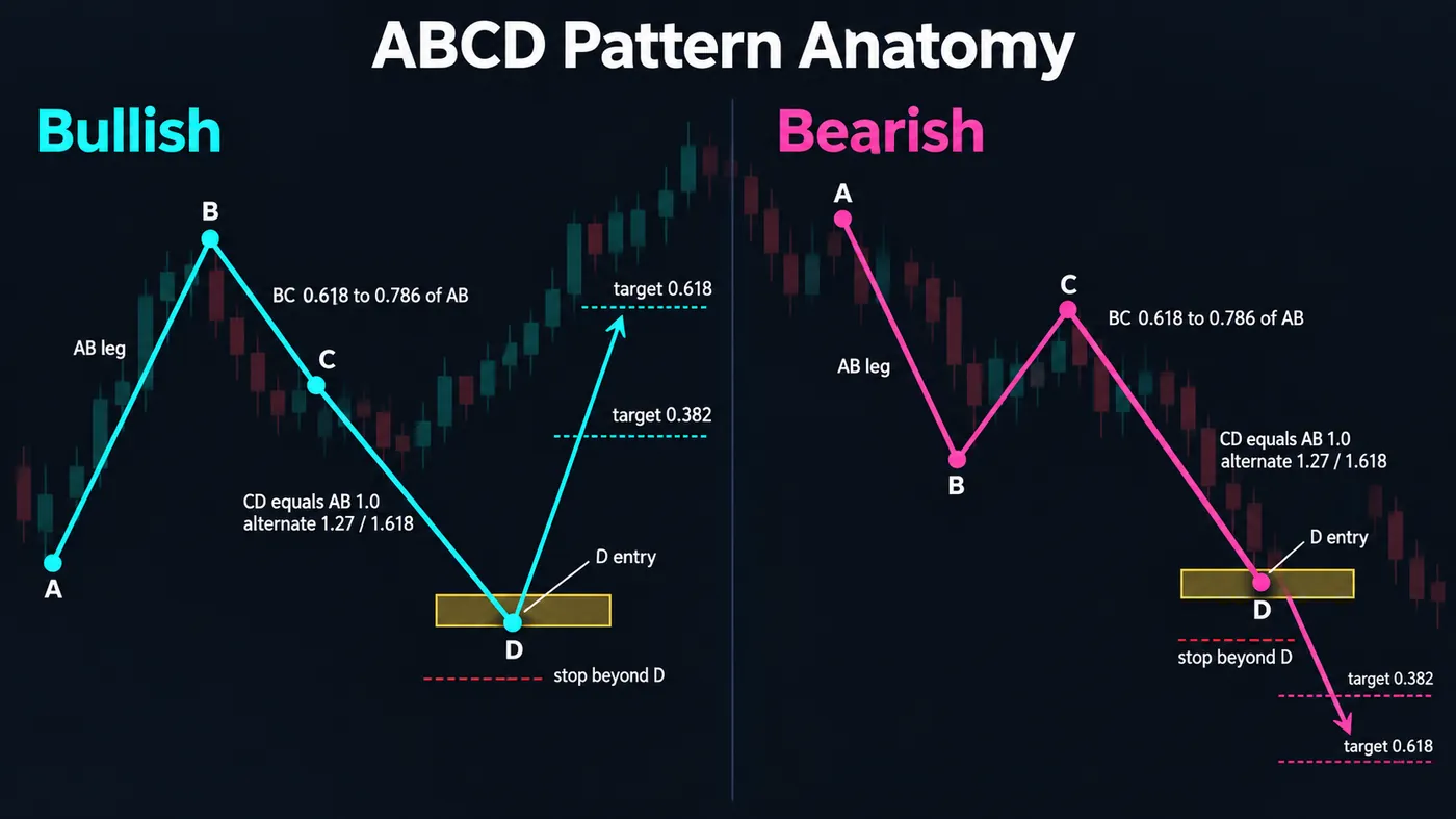 The ABCD pattern anatomy, bullish and bearish side by side: the AB leg, the BC retracement labelled 0.618 to 0 The ABCD pattern anatomy, bullish and bearish side by side: the AB leg, the BC retracement labelled 0.618 to 0.786 of AB, the CD leg labelled equal to AB (1.0) with the 1.27 and 1.618 alternates, the D completion point where the entry sits, the stop beyond D and the targets at 0.382 and 0.618 of AD