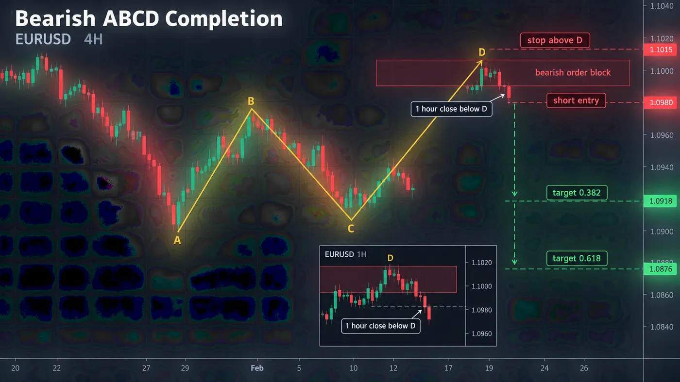 A bearish ABCD pattern on a EURUSD 4-hour chart completing into a bearish order block: A, B, C and D labelled, A bearish ABCD pattern on a EURUSD 4-hour chart completing into a bearish order block: A, B, C and D labelled, the D projection line, the confirming 1-hour close below the level, the short entry, the stop above D and the two targets at 0.382 and 0.618 of AD