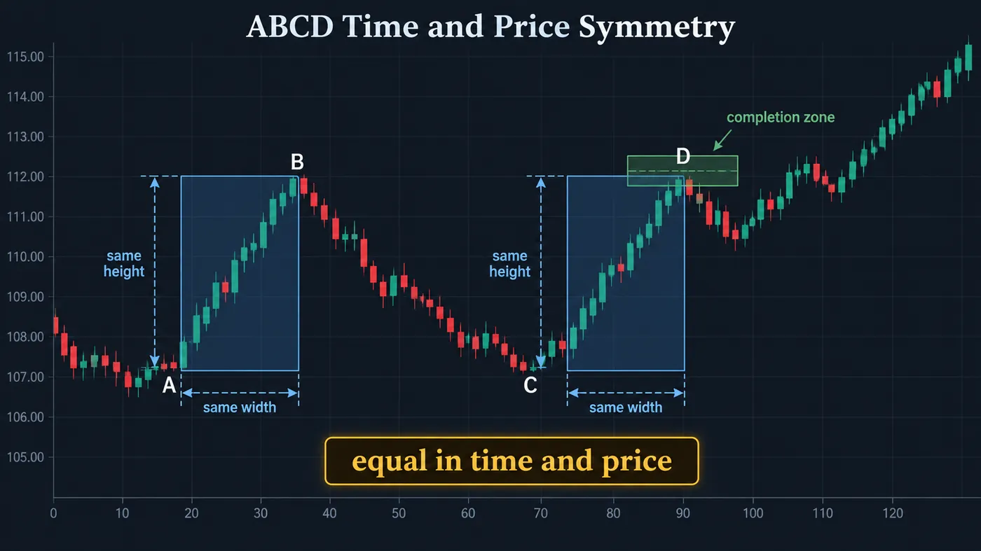 An ABCD pattern with the time and price symmetry measured: the AB and CD legs equal in both price distance and An ABCD pattern with the time and price symmetry measured: the AB and CD legs equal in both price distance and bar count, drawn as two parallel boxes, with a note that the pattern is a measured move in both dimensions and the completion zone shaded around D