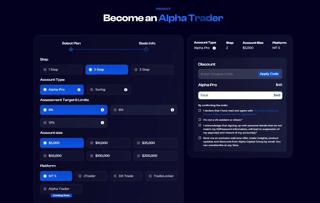 Checkout de Alpha Capital Group: plan Alpha Pro 6% de 2 fases, cuenta de $5,000 en MT5 por $40 Checkout de Alpha Capital Group: plan Alpha Pro 6% de 2 fases, cuenta de $5,000 en MT5 por $40