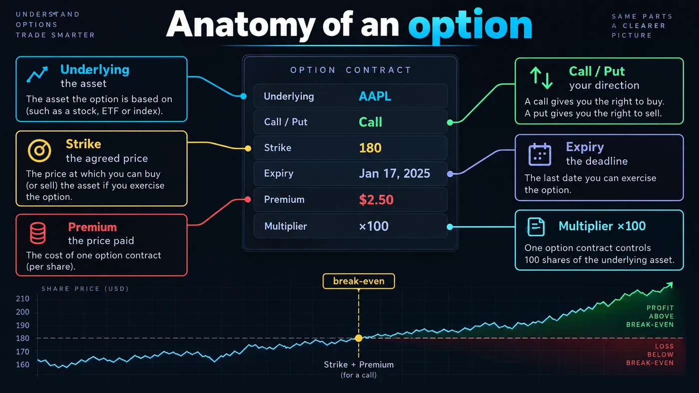 Option contract card with underlying, call or put, strike, expiry, premium and the 100-share multiplier, each Option contract card with underlying, call or put, strike, expiry, premium and the 100-share multiplier, each labelled in plain words, with a break-even arrow on a small price chart
