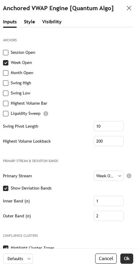 Anchored VWAP Engine settings panel: seven anchor toggles, swing pivot length, highest-volume lookback, primary stream, band multiples, cluster tolerance, signals