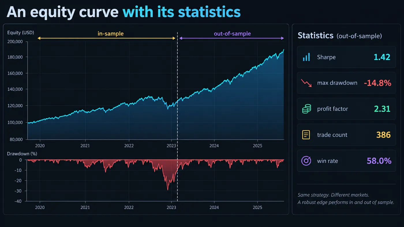 Eine Backtest-Equity-Curve mit schattierten Drawdowns, markiertem In-Sample- und Out-of-Sample-Split und einer Statistik Eine Backtest-Equity-Curve mit schattierten Drawdowns, markiertem In-Sample- und Out-of-Sample-Split und einem Statistikpanel mit Sharpe 1.42, max. Drawdown 14.8 Prozent, Profit Factor 2.31, 386 Trades und 58 Prozent Trefferquote