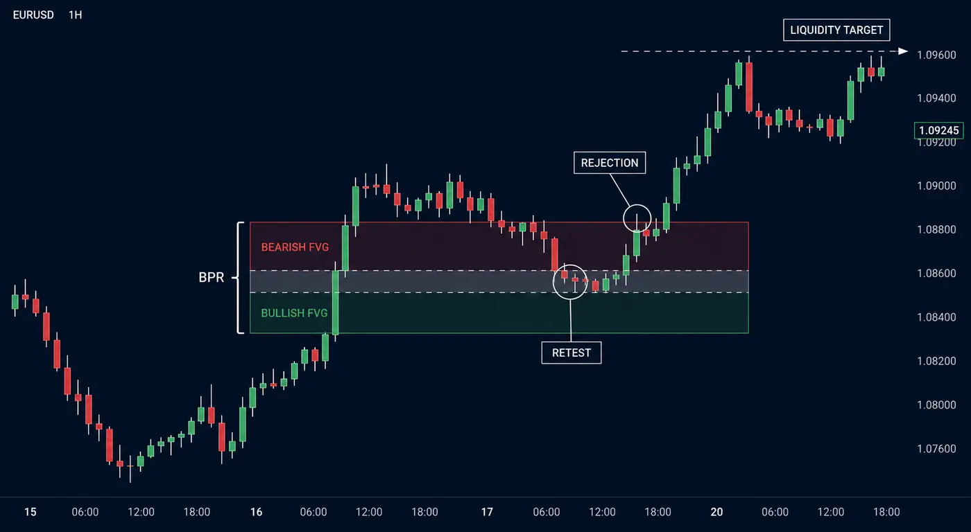 Illustrative EURUSD BPR chart showing a return into the overlap, rejection and a liquidity target.