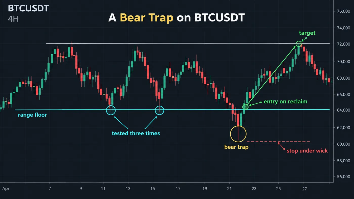 A bear trap on a BTCUSDT 4-hour chart: price breaks below a well-defined support with a long lower wick, close A bear trap on a BTCUSDT 4-hour chart: price breaks below a well-defined support with a long lower wick, closes back above it, and reverses higher; the entry on the reclaim, the stop under the wick and the target at the range high marked