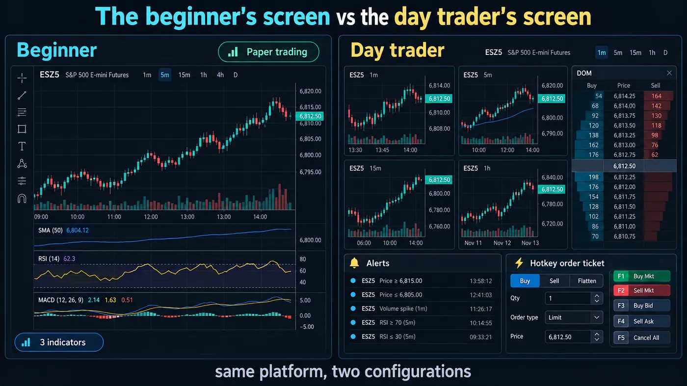 Two configurations of the same trading platform Two configurations of the same trading platform: a beginner screen with one chart, three indicators and a paper-trading badge; a day-trader screen with four charts, a DOM, an alert panel and a hotkey order ticket