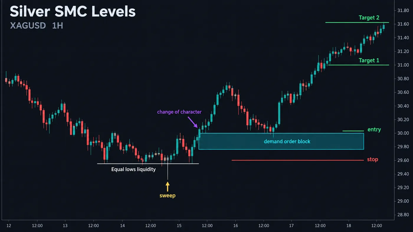 A 1-hour XAGUSD chart with a shaded demand order block, equal lows labelled equal lows liquidity, a wick sweep A 1-hour XAGUSD chart with a shaded demand order block, equal lows labelled equal lows liquidity, a wick sweeping below them, a change-of-character label, and the entry at the order block with the stop below the sweep and two targets above
