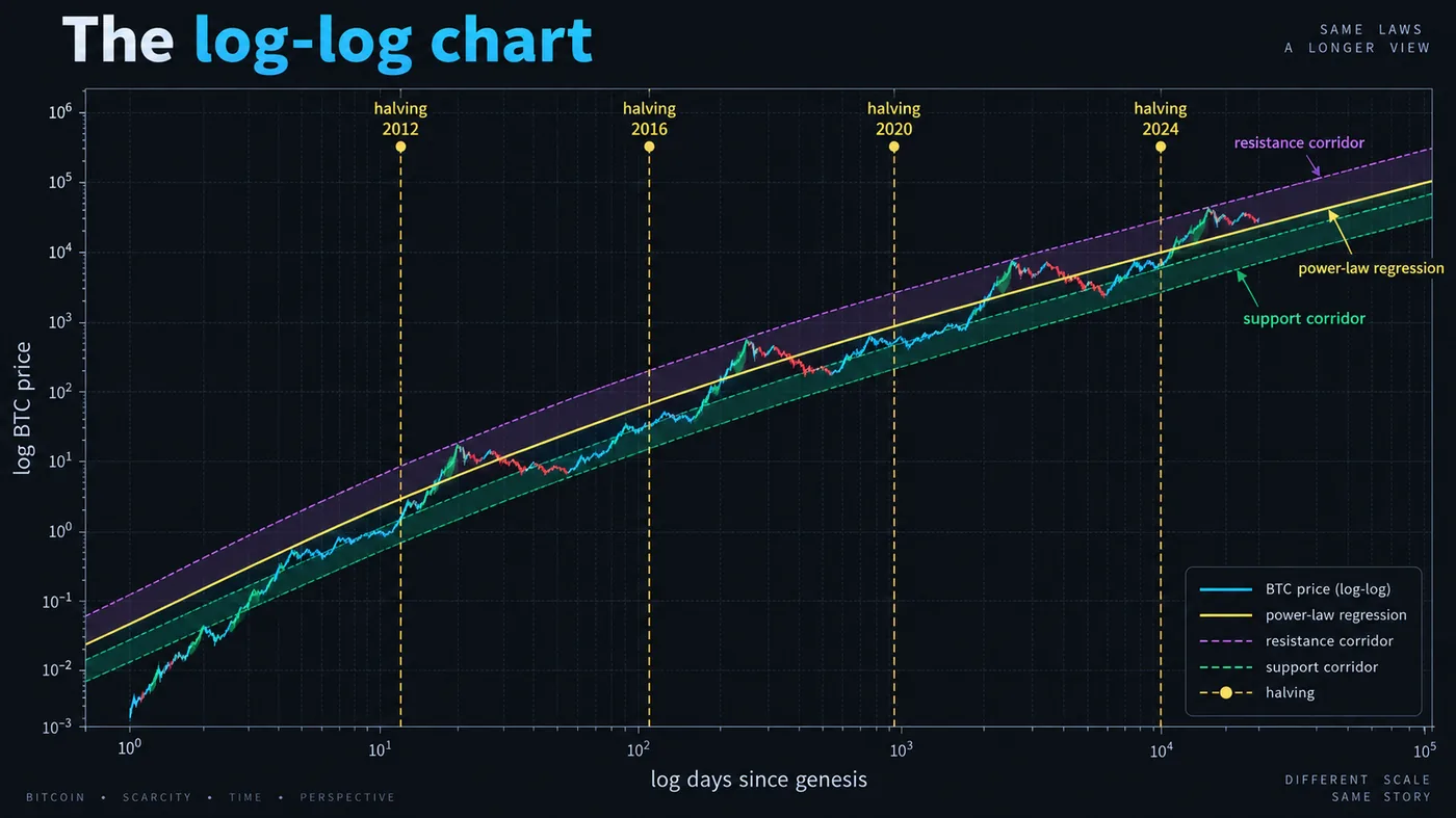 Bitcoin price on a log-log chart of price against days since genesis with the power-law regression line, the support and resistance corridor and halvings marked as vertical lines