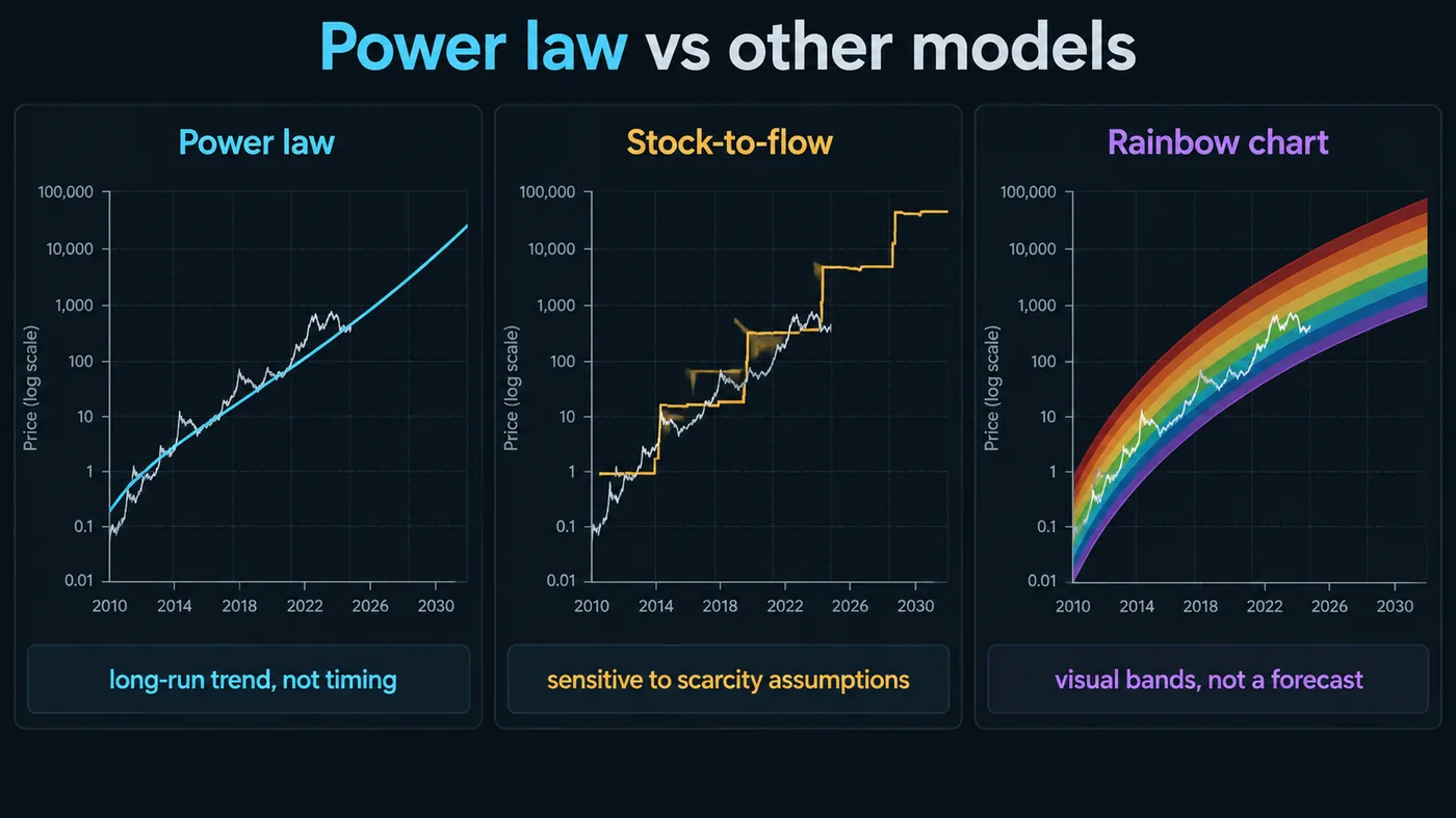 Three small curves comparing the power law, stock-to-flow and the rainbow chart, each with a one-line honest note