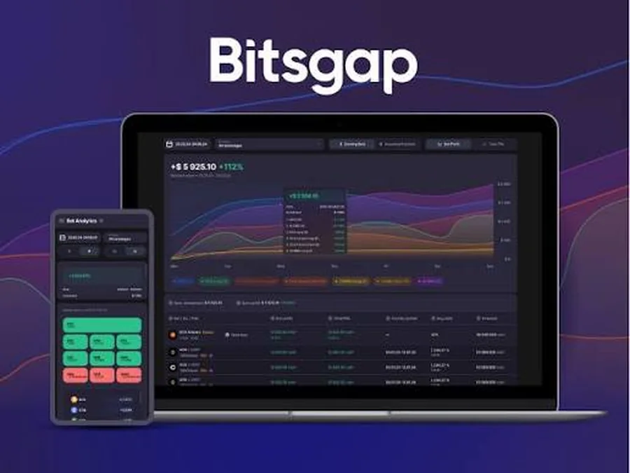 Bitsgap shown on a laptop and a phone: a portfolio balance with an equity curve and a list of running bots with their pairs, profit and status on the desktop, and the bot list and a buy and sell panel on the mobile app