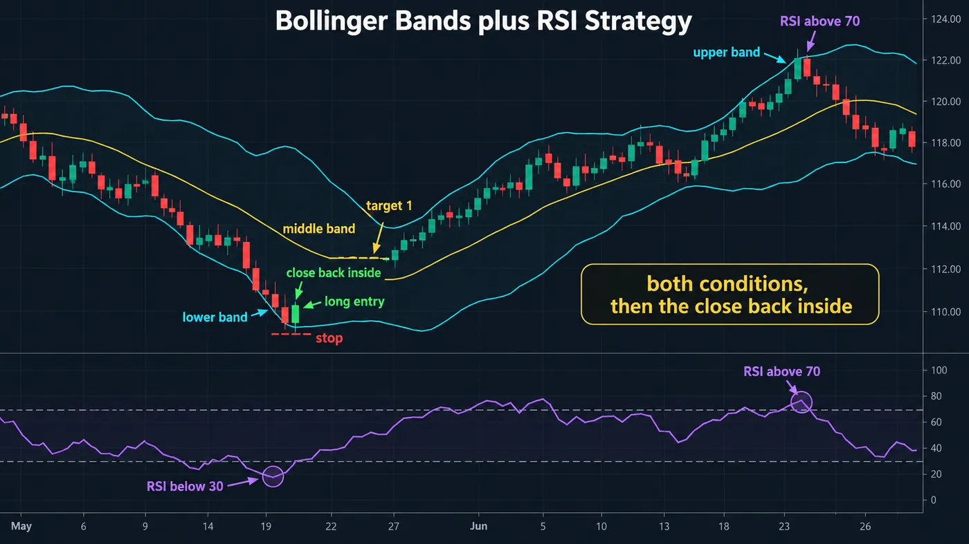 The Bollinger Bands + RSI strategy setup on a price chart: price touching the lower Bollinger Band inside a ra The Bollinger Bands + RSI strategy setup on a price chart: price touching the lower Bollinger Band inside a range while RSI in the pane below is under 30, the reversal candle closing back inside the band, the long entry, the stop under the band touch and the target at the middle band; a mirror setup at the upper band with RSI above 70 shown smaller