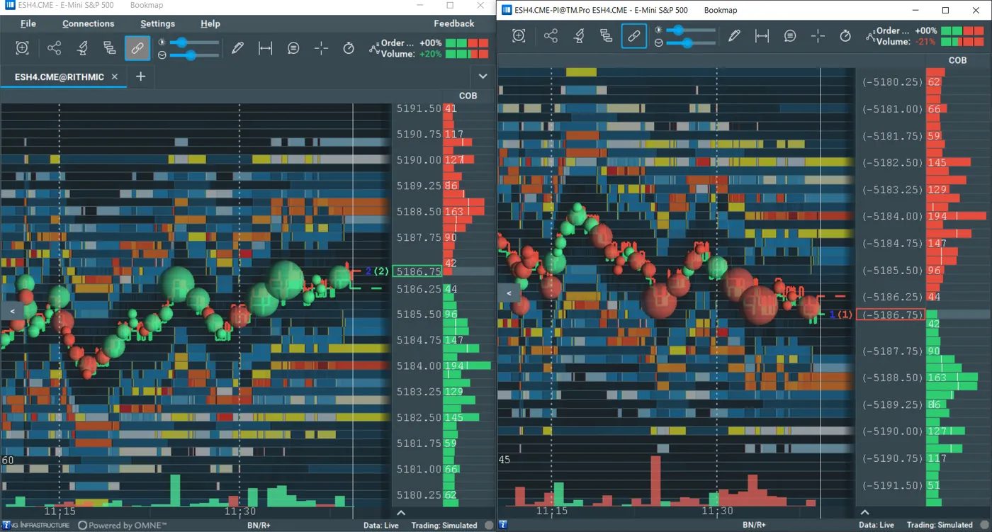 Bookmap heatmap alongside the depth-of-market ladder with large resting orders highlighted Bookmap heatmap alongside the depth-of-market ladder with large resting orders highlighted