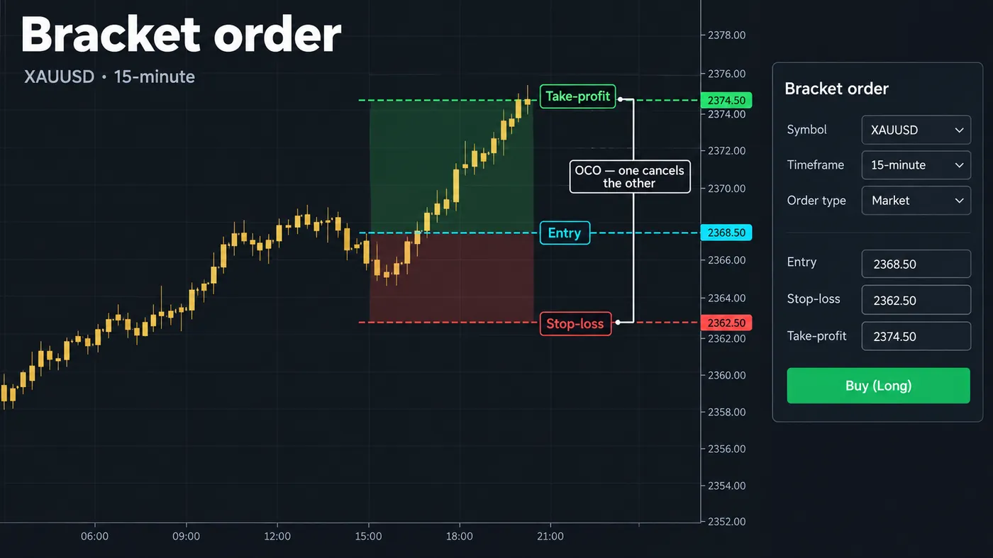 XAUUSD 15-minute chart with a bracket order XAUUSD 15-minute chart with a bracket order: entry, stop-loss below and take-profit above linked as OCO, with the order ticket showing the three fields filled