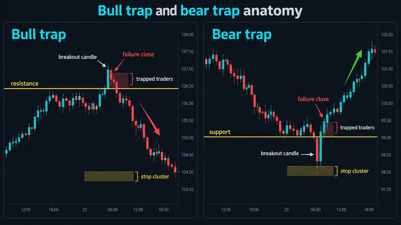 Bull trap and bear trap anatomy side by side: a bull trap where price breaks above resistance, closes back bel Bull trap and bear trap anatomy side by side: a bull trap where price breaks above resistance, closes back below it and falls, and a bear trap where price breaks below support, closes back above it and rallies, with the breakout candle, the failure close, the trapped traders and the stop cluster labelled