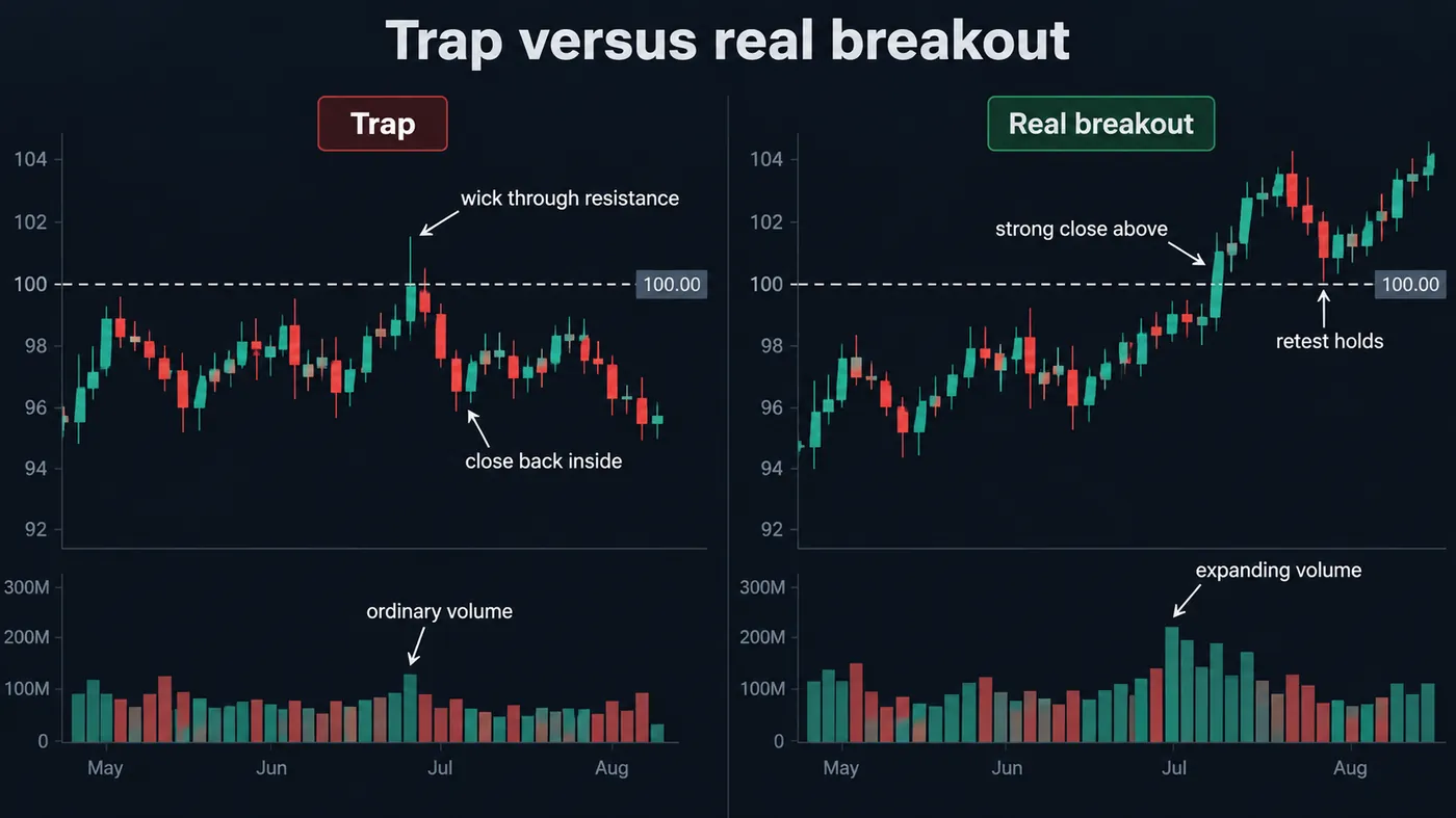 A bull trap versus a real breakout compared on two panels: the trap with a wick above resistance, low volume a A bull trap versus a real breakout compared on two panels: the trap with a wick above resistance, low volume and a close back inside; the real breakout with a strong close above resistance on expanding volume and a successful retest