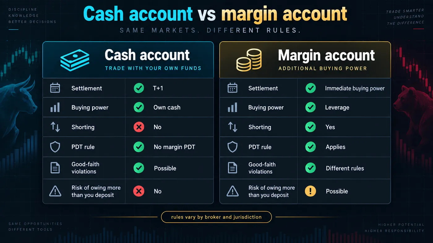 Two-column comparison of cash and margin accounts Two-column comparison of cash and margin accounts: settlement T+1, buying power, shorting, pattern day trader rule, good-faith violations, and the risk of owing more than you deposited