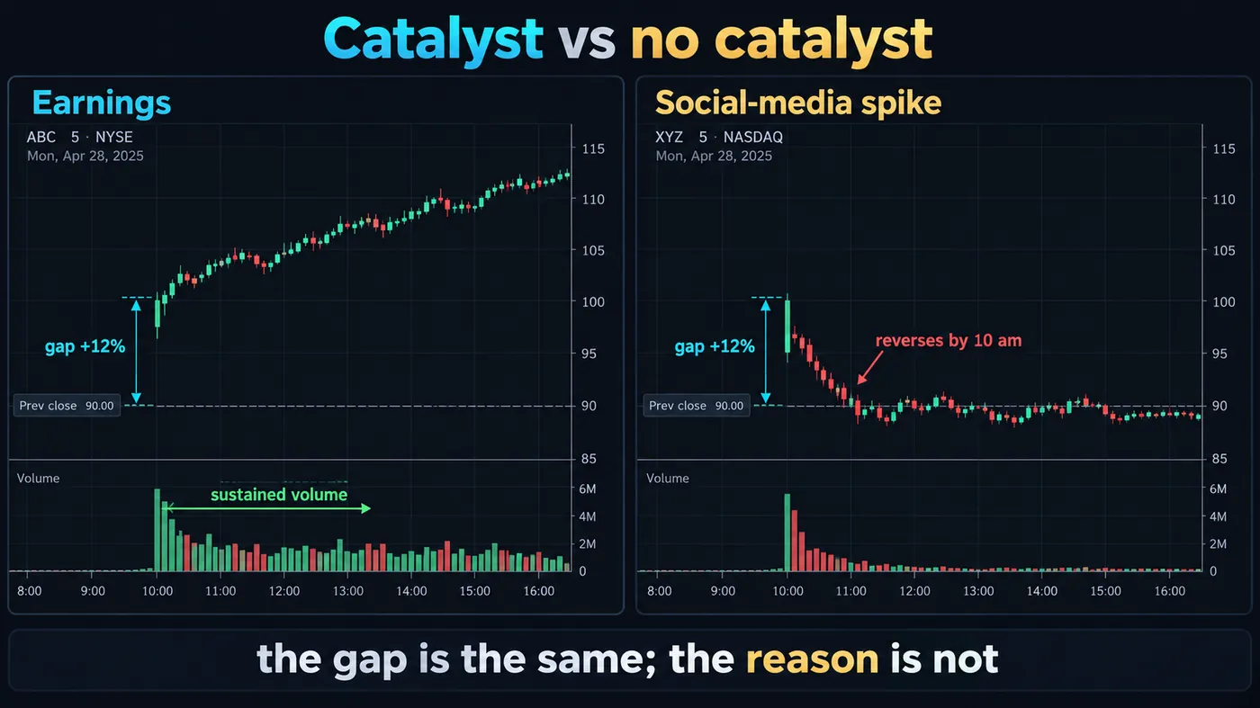 Two 5-minute charts on the same morning Two 5-minute charts on the same morning: a stock gapping 12 percent on earnings with sustained volume and clean structure, and a stock gapping 12 percent on a social-media spike that reverses by 10 am, captioned the gap is the same the reason is not