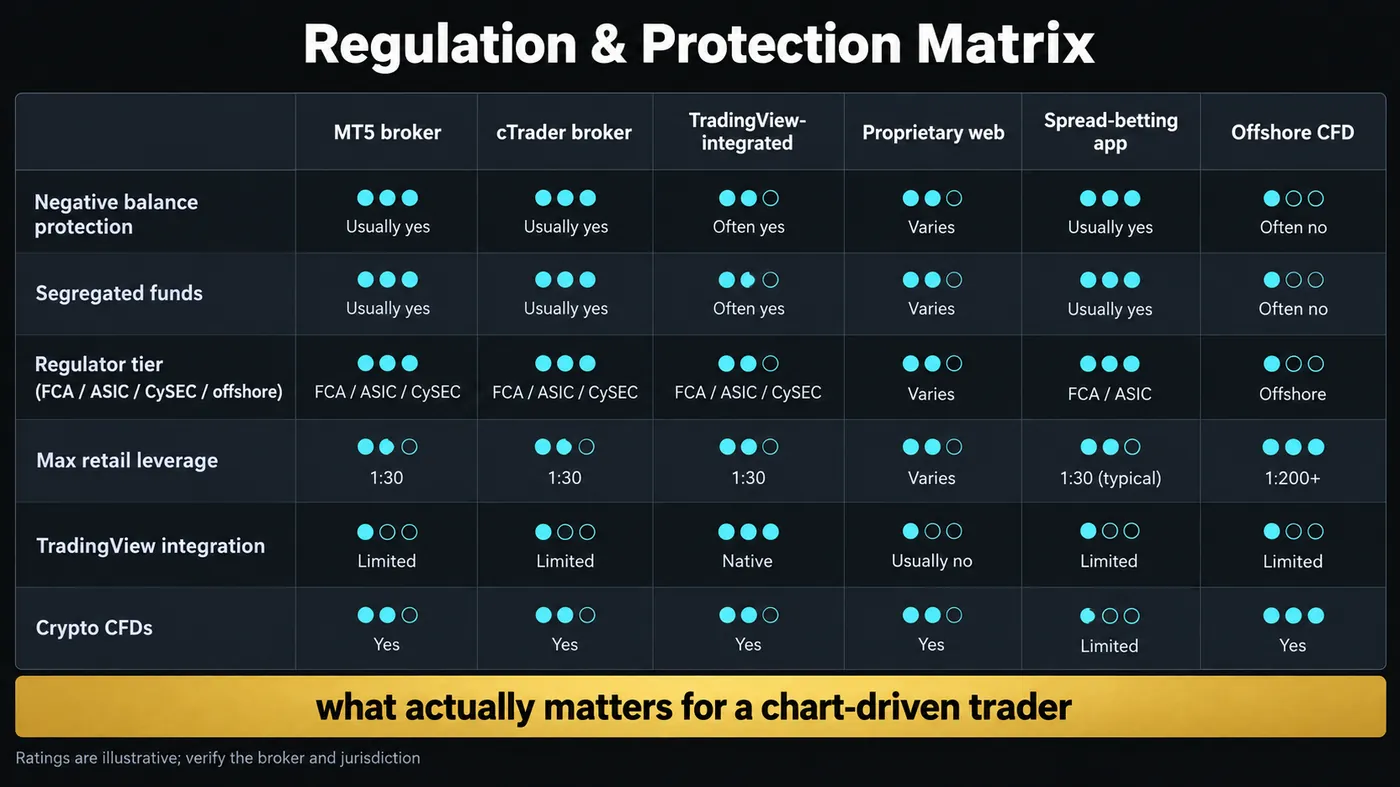 Matrix comparing six CFD platform types on negative balance protection, segregated funds, regulator tier, maxi Matrix comparing six CFD platform types on negative balance protection, segregated funds, regulator tier, maximum retail leverage, TradingView integration and crypto CFDs, with dot ratings