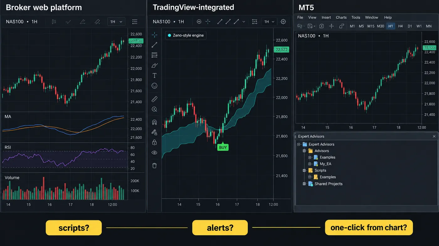The same NAS100 1-hour chart in three platform architectures The same NAS100 1-hour chart in three platform architectures: a broker web platform with basic indicators, a TradingView-integrated chart with a structure engine loaded, and MetaTrader 5 with the Expert Advisors tree; captions ask scripts, alerts, one-click from chart