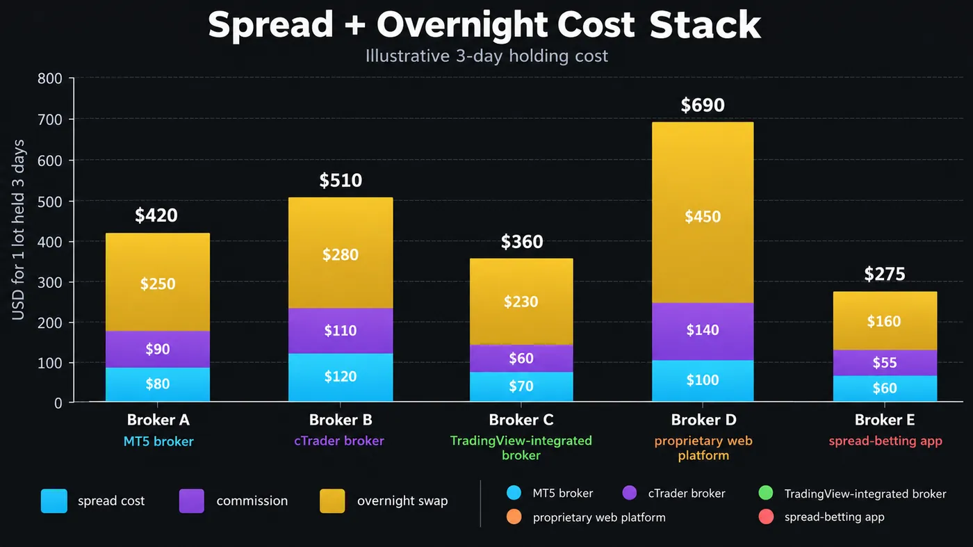 Stacked bar chart of illustrative three-day holding costs for one NAS100 lot across five CFD platform types, s Stacked bar chart of illustrative three-day holding costs for one NAS100 lot across five CFD platform types, split into spread, commission and overnight swap