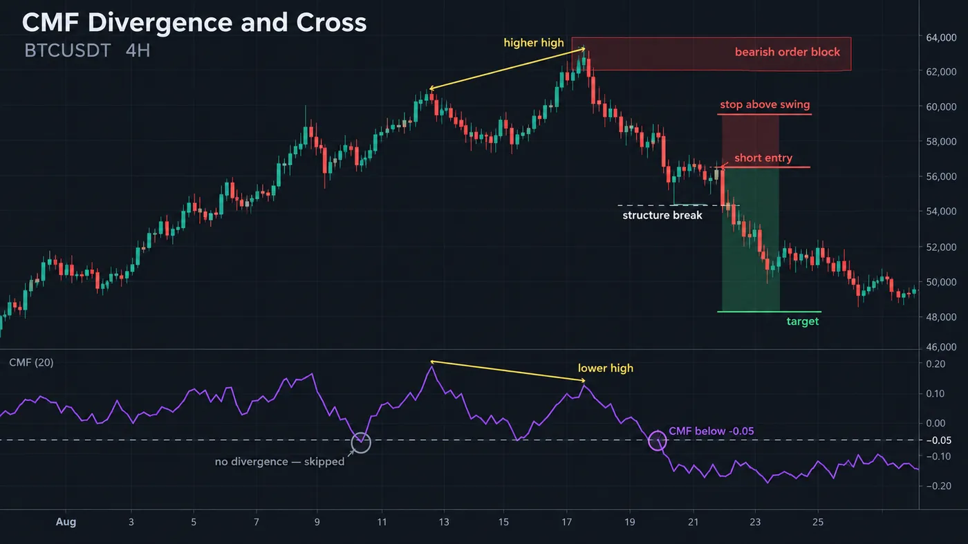Chaikin Money Flow on a BTCUSDT 4-hour chart: price making a higher high while CMF makes a lower high (bearish Chaikin Money Flow on a BTCUSDT 4-hour chart: price making a higher high while CMF makes a lower high (bearish divergence) at a bearish order block, then CMF crossing below −0.05 as structure breaks, the short entry, stop above the swing and target marked; an earlier CMF cross inside a range greyed out as skipped