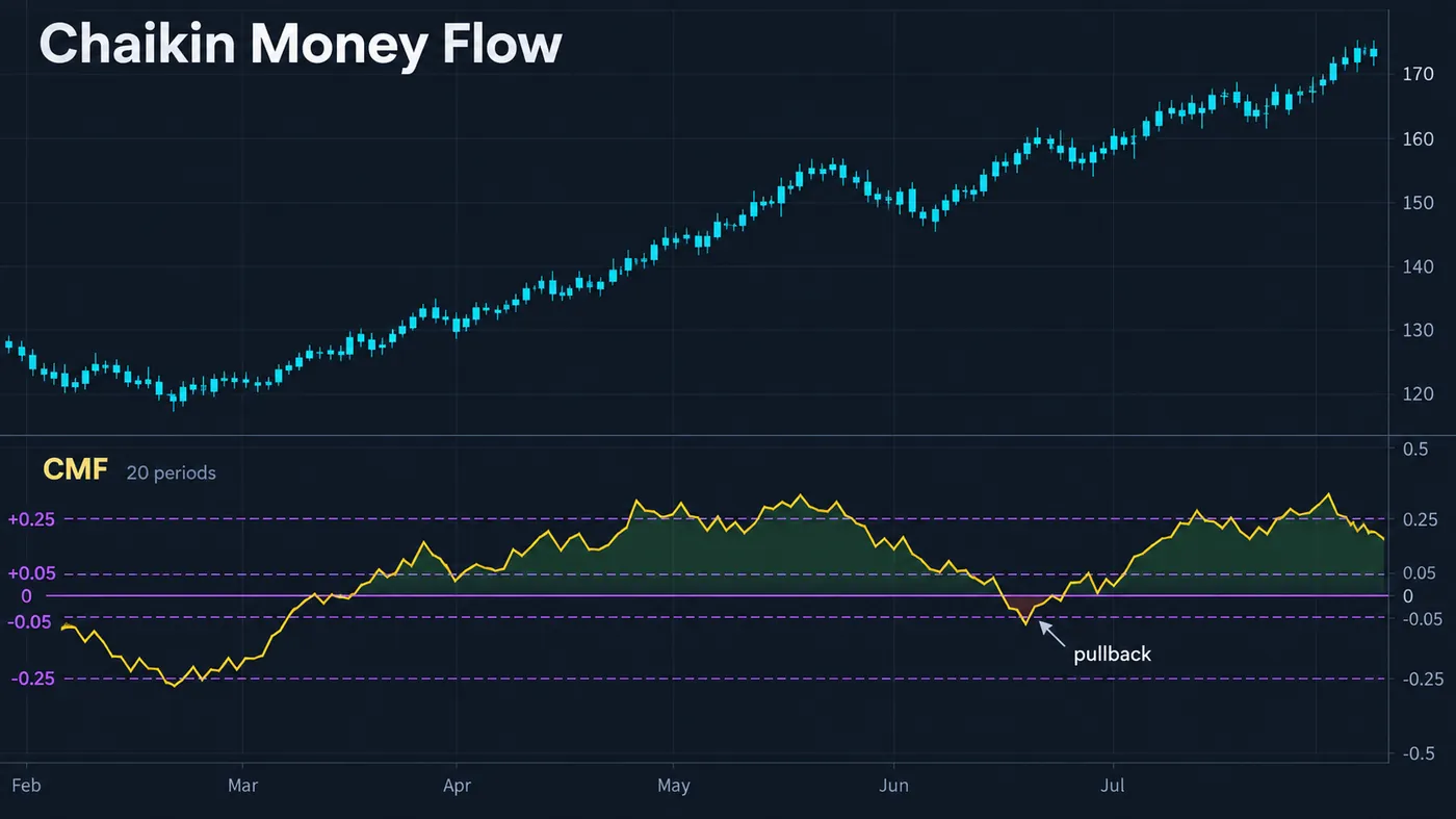 Chaikin Money Flow under a price chart: the CMF line oscillating between −0.5 and +0.5 with the zero line and Chaikin Money Flow under a price chart: the CMF line oscillating between −0.5 and +0.5 with the zero line and the ±0.05 and ±0.25 levels drawn, sustained positive readings during an uptrend shaded green, a dip below −0.05 at a pullback and the 20-period default labelled