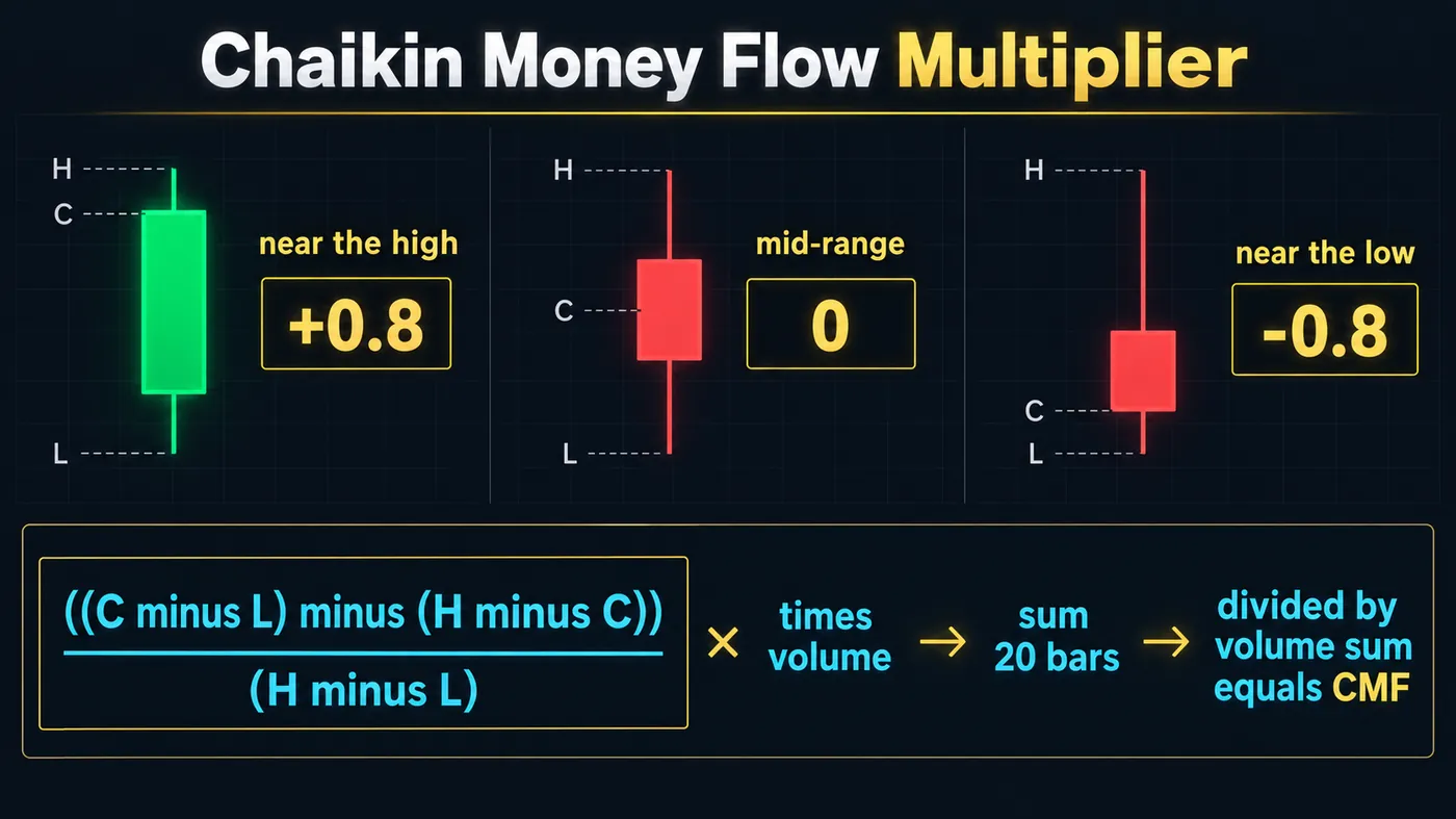 The Chaikin Money Flow formula step by step: the money flow multiplier ((close − low) − (high − close)) ÷ (hig The Chaikin Money Flow formula step by step: the money flow multiplier ((close − low) − (high − close)) ÷ (high − low) shown on three example candles closing near the high, the middle and the low, multiplied by volume to get money flow volume, summed over 20 bars and divided by the 20-bar volume sum