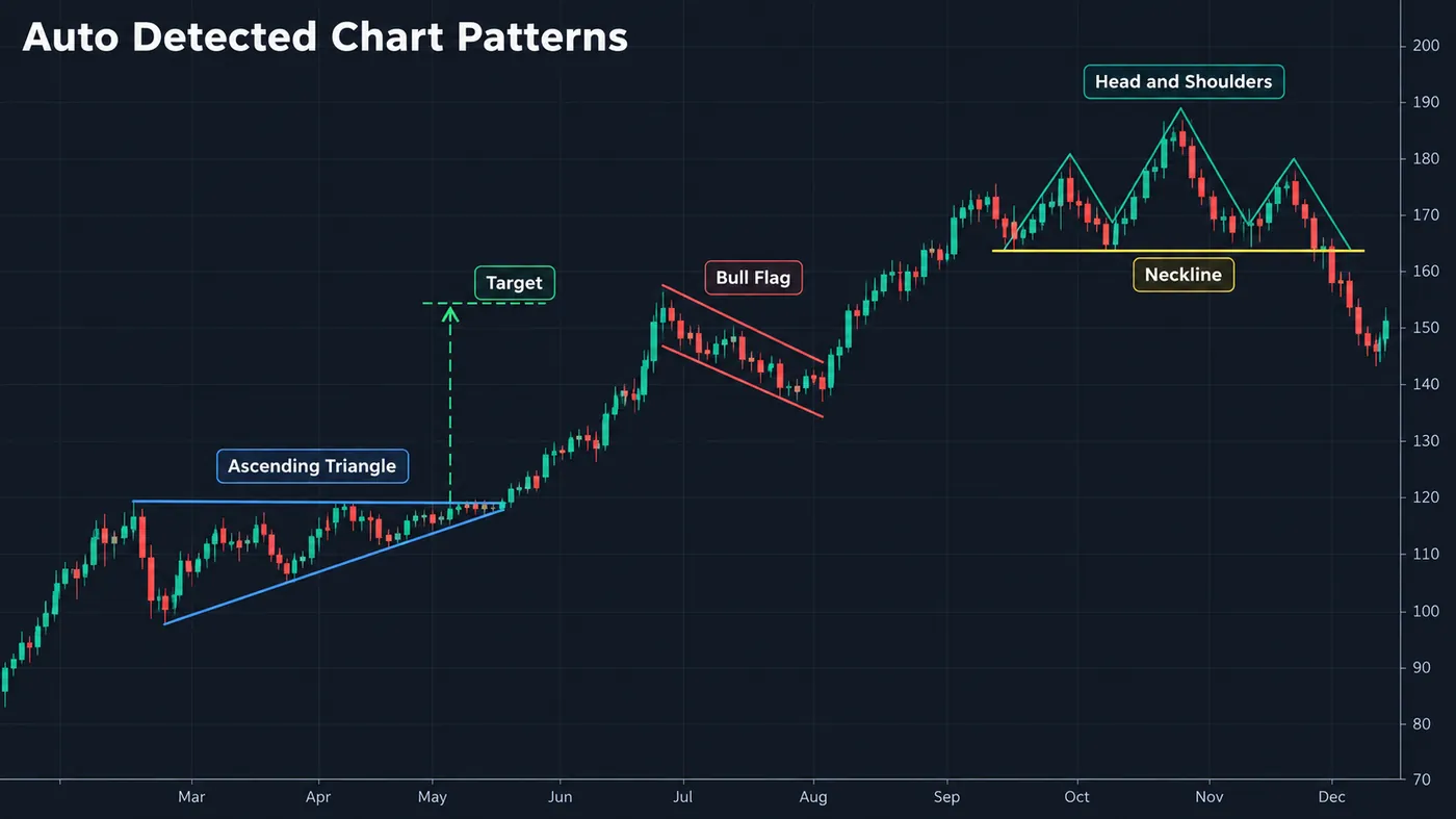 A chart pattern recognition indicator drawing three detected patterns on a dark price chart: an ascending tria A chart pattern recognition indicator drawing three detected patterns on a dark price chart: an ascending triangle with a flat top and rising lower line, a bull flag as a small downward channel after a sharp rise, and a head and shoulders with its neckline, each with a label box and a dotted target projection