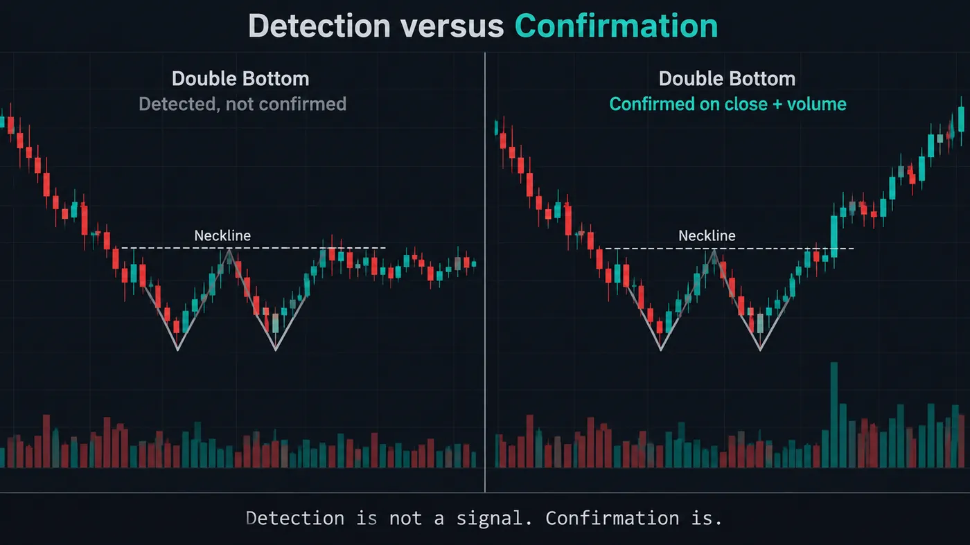 Two double bottoms detected by a pattern recognition indicator side by side: on the left the pattern is outlin Two double bottoms detected by a pattern recognition indicator side by side: on the left the pattern is outlined but price never closes above the neckline and drifts sideways, labelled detected not confirmed; on the right price breaks the neckline on a tall candle with a visibly larger volume bar, labelled confirmed on close and volume