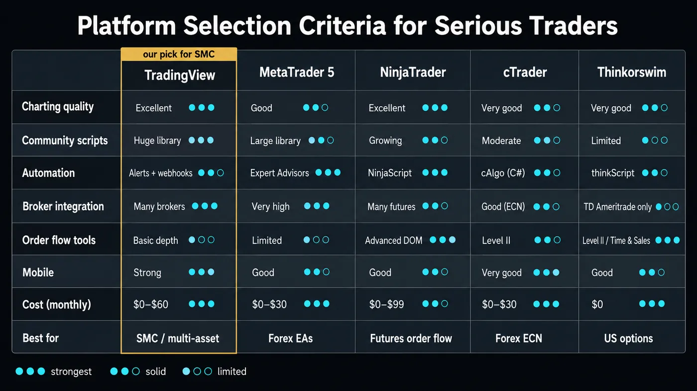 Platform selection matrix comparing TradingView, MetaTrader 5, NinjaTrader, cTrader and Thinkorswim across cha Platform selection matrix comparing TradingView, MetaTrader 5, NinjaTrader, cTrader and Thinkorswim across charting quality, community scripts, automation, broker integration, order flow tools, mobile, monthly cost and best-for, with three-level dot ratings and TradingView highlighted as the pick for SMC trading
