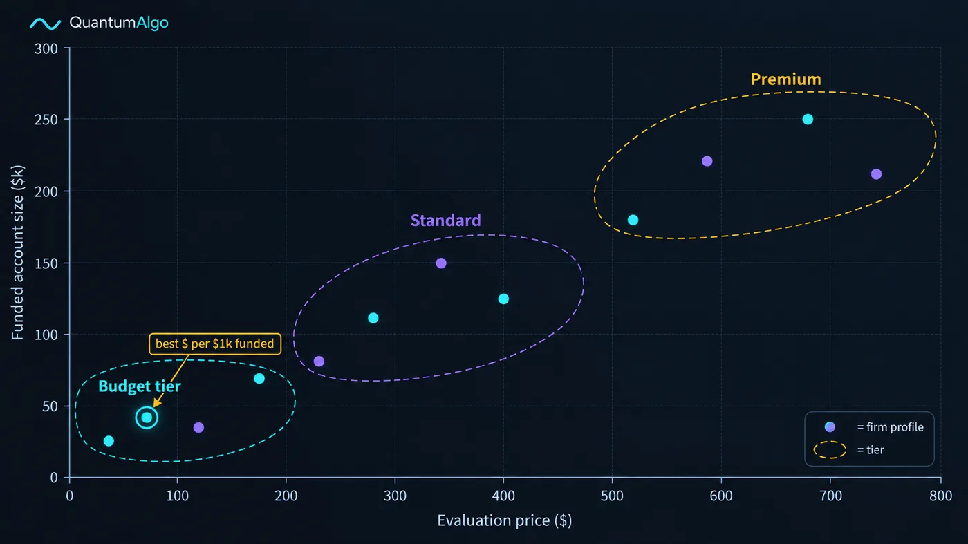 Scatter map with evaluation price on the horizontal axis and funded account size on the vertical axis, about t Scatter map with evaluation price on the horizontal axis and funded account size on the vertical axis, about twelve unlabelled dots grouped into dashed zones marked budget tier, standard and premium, with one budget-tier dot ringed and labelled best dollars per thousand funded