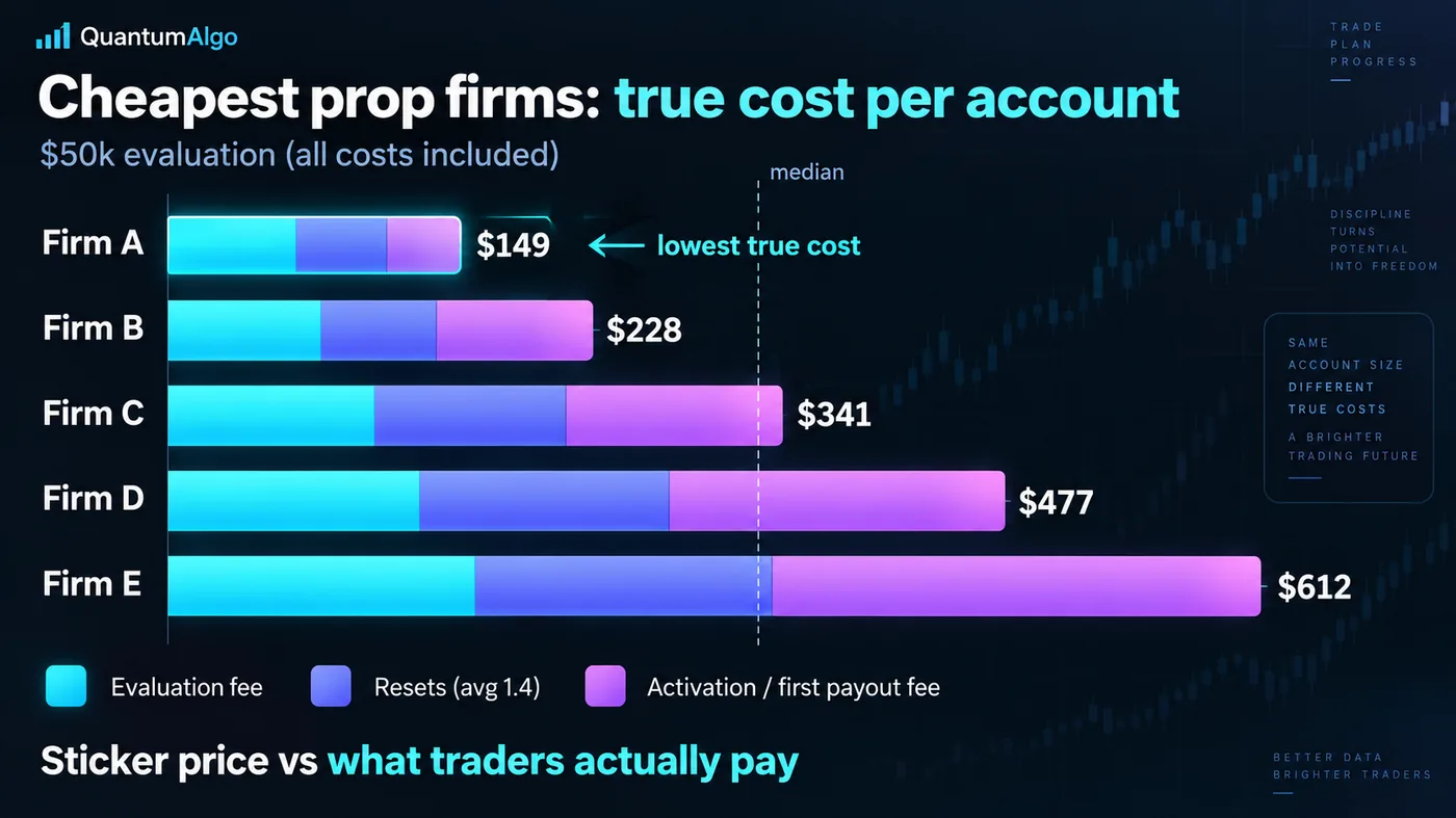 Horizontal stacked bar chart comparing the true cost of a $50k prop-firm evaluation across five unnamed firm p Horizontal stacked bar chart comparing the true cost of a $50k prop-firm evaluation across five unnamed firm profiles, each bar split into evaluation fee, average resets and activation or first-payout fee, with totals from about $149 to $612 and a dotted median line
