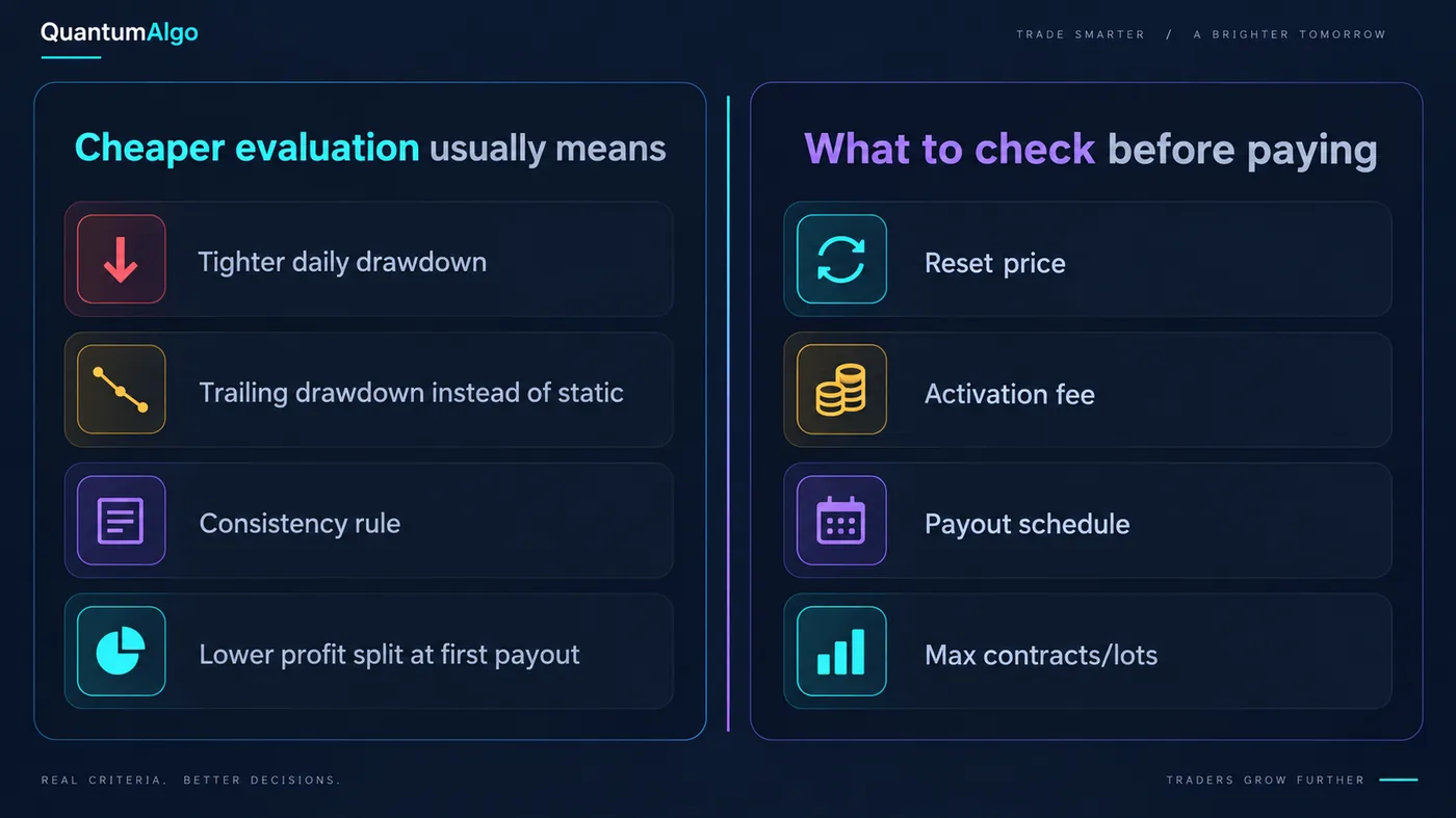 Two-column panel: on the left, what a cheaper evaluation usually means — tighter daily drawdown, trailing inst Two-column panel: on the left, what a cheaper evaluation usually means — tighter daily drawdown, trailing instead of static drawdown, a consistency rule and a lower first profit split; on the right, what to check before paying — reset price, activation fee, payout schedule and contract limits