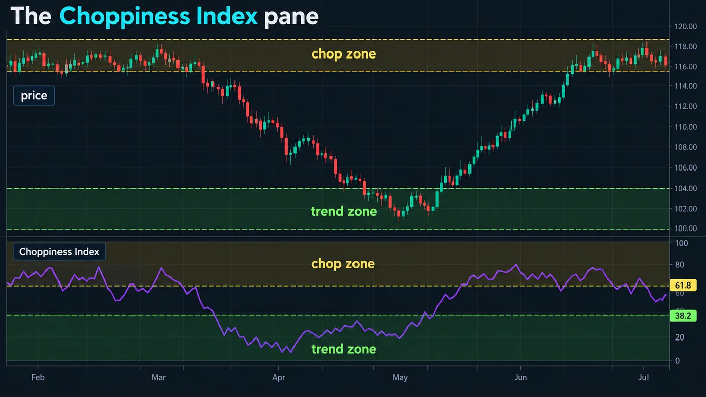 The Choppiness Index under price with the 61.8 and 38.2 lines, a chop zone above 61.8 and a trend zone below 3 The Choppiness Index under price with the 61.8 and 38.2 lines, a chop zone above 61.8 and a trend zone below 38.2 shaded on both the pane and the price chart