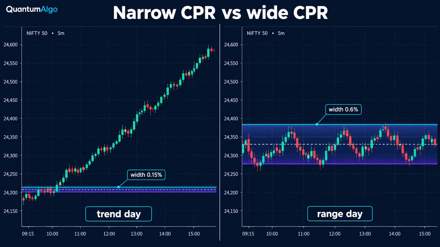 Two side-by-side intraday panels: on the left a narrow CPR band labelled width 0.15 percent with price breakin Two side-by-side intraday panels: on the left a narrow CPR band labelled width 0.15 percent with price breaking out and trending all session, labelled trend day; on the right a wide CPR band labelled width 0.6 percent with price rotating inside and around it, labelled range day