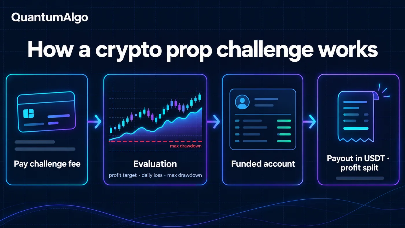 Ein Flow von links nach rechts mit vier Stufen auf dunklem Hintergrund, beschriftet mit Challenge-Gebühr zahlen, Evaluation mit Gewinnziel Tagesverlust und maximalem Drawdown, funded Konto und Payout in USDT mit Profit Split, darunter unter der Evaluationsstufe eine kleine Equity-Kurve, die über einer gestrichelten maximalen Drawdown-Linie bleibt, mit schattiertem Puffer dazwischen Ein Flow von links nach rechts mit vier Stufen auf dunklem Hintergrund, beschriftet mit Challenge-Gebühr zahlen, Evaluation mit Gewinnziel Tagesverlust und maximalem Drawdown, funded Konto und Payout in USDT mit Profit Split, darunter unter der Evaluationsstufe eine kleine Equity-Kurve, die über einer gestrichelten maximalen Drawdown-Linie bleibt, mit schattiertem Puffer dazwischen