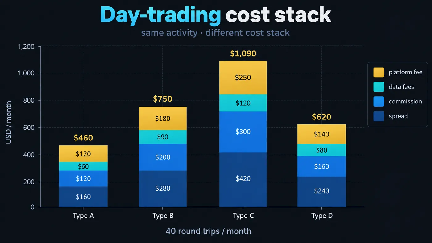 Stacked bar chart of monthly cost for 40 round trips on four platform types, split into spread, commission, da Stacked bar chart of monthly cost for 40 round trips on four platform types, split into spread, commission, data fees and platform fee: Type A 460, Type B 750, Type C 1,090, Type D 620 dollars