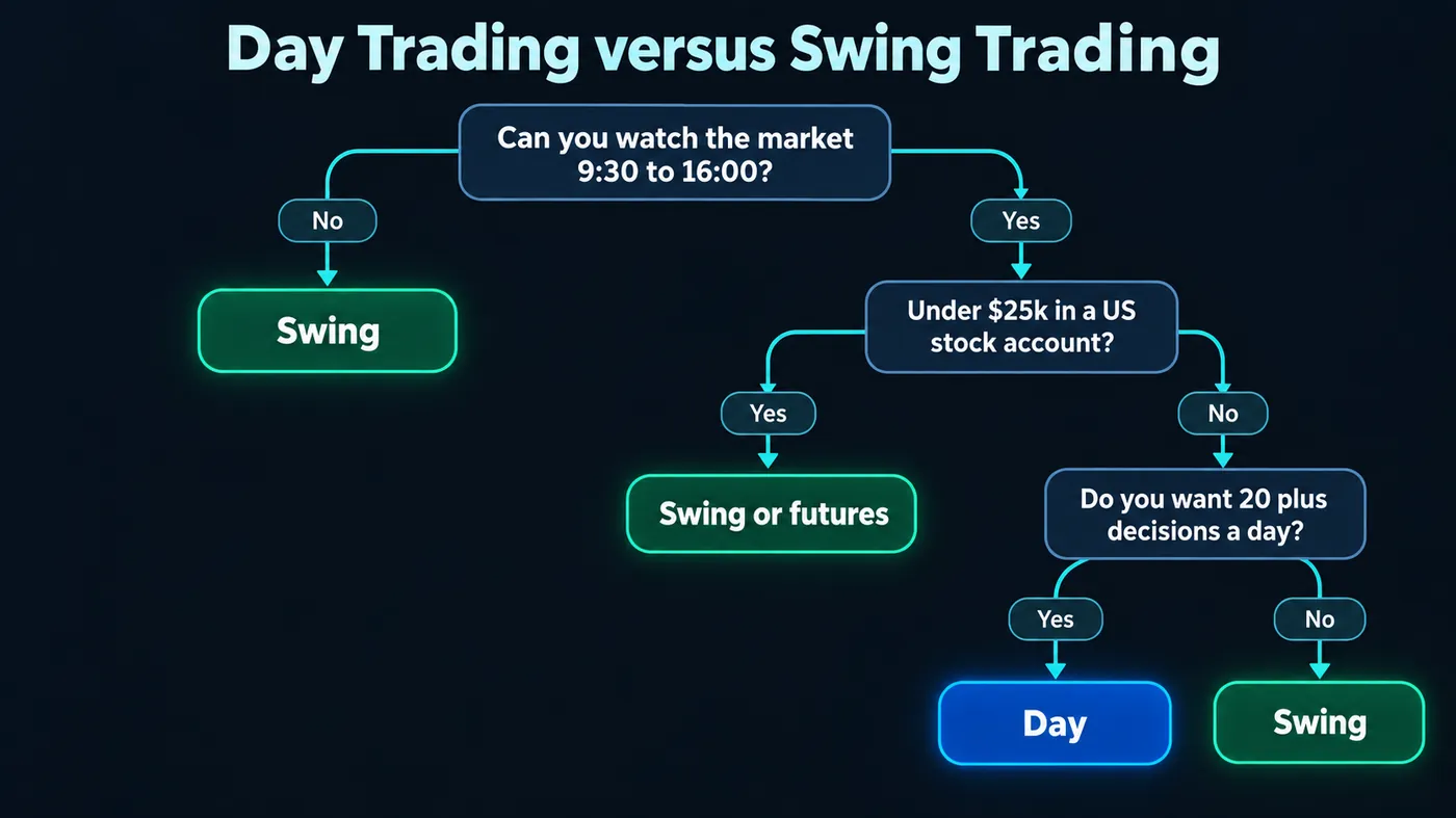 A decision tree on a dark background: can you watch the market from 9:30 to 16:00 — no leads to swing; yes leads to under $25k in a US stock account — yes leads to swing or futures; no leads to do you want 20-plus decisions a day — yes leads to day, no leads to swing