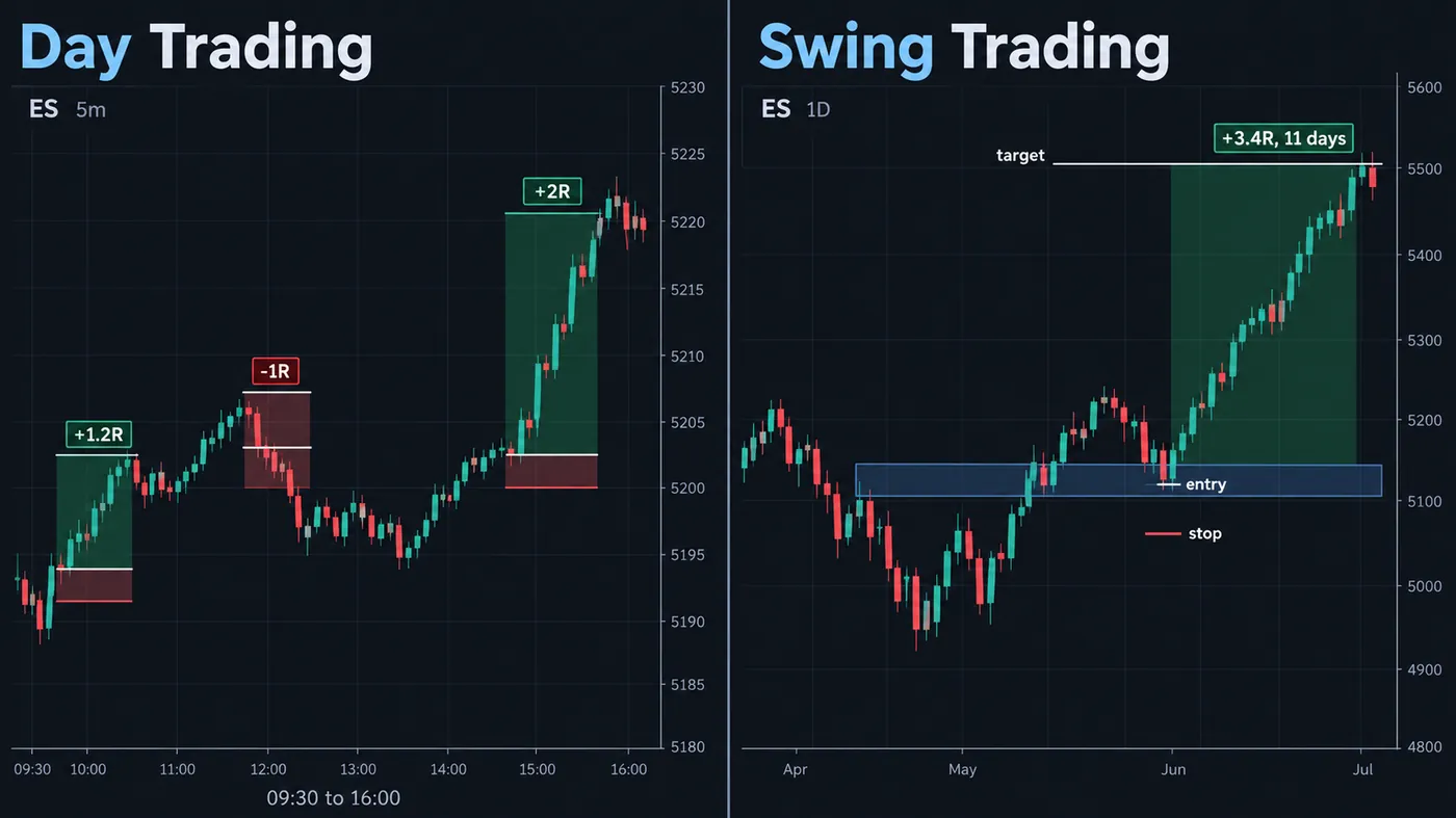 Split chart: on the left a 5-minute ES session from 09:30 to 16:00 with three small trades marked by entry and exit arrows and tags of +1.2R, −1R and +2R; on the right a daily ES chart over three months with one trade held across many candles, entered at a pullback into a marked zone with a stop below it and a target at a prior high, tagged +3.4R over 11 days