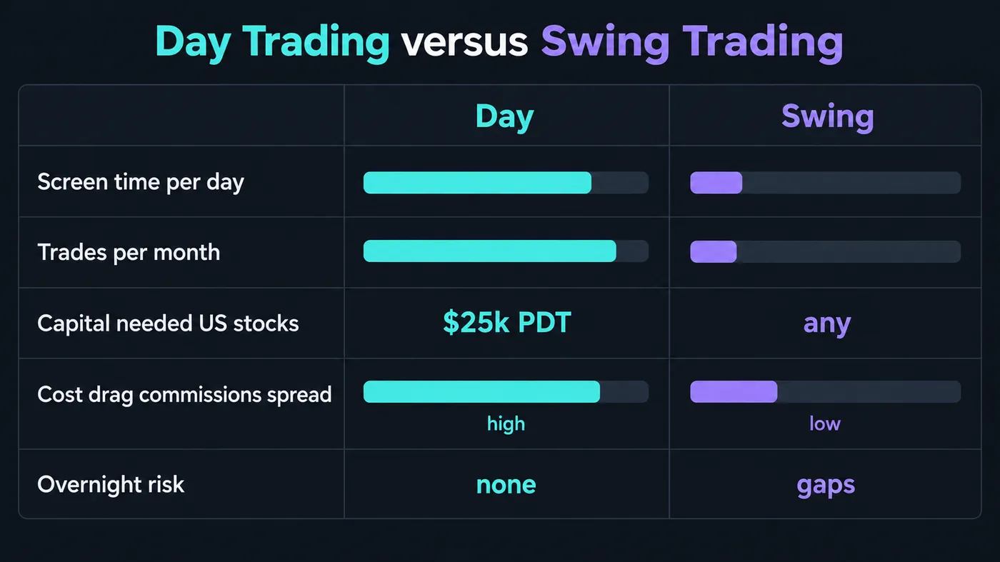 A dark comparison graphic with two columns, day and swing, and rows for screen time per day, trades per month, capital needed for US stocks ($25k PDT versus any), cost drag from commissions and spread (high versus low) and overnight risk (none versus gaps), shown as horizontal teal and violet bars