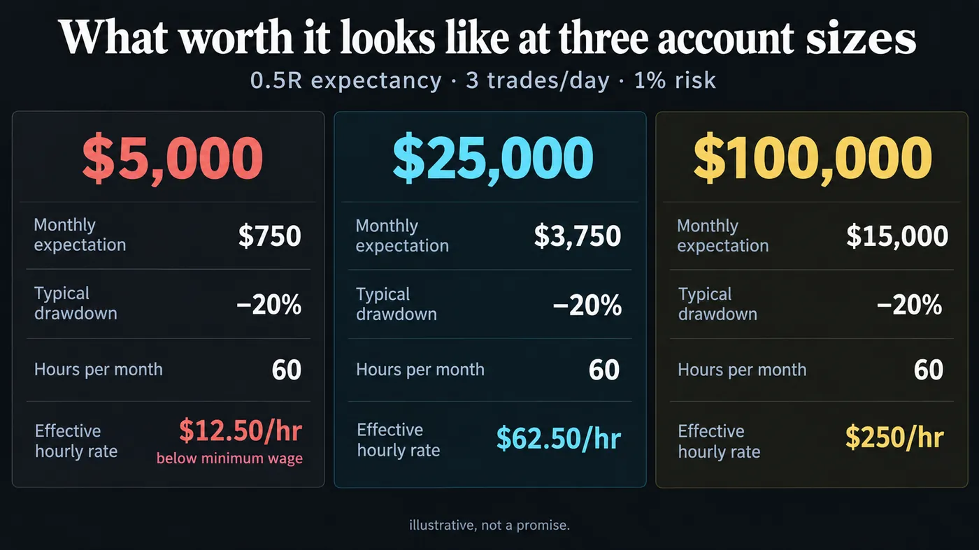 Three columns for 5,000, 25,000 and 100,000 dollar accounts running the same strategy at 0.5R expectancy, three trades a day and 1 percent risk: monthly expectation, typical drawdown, hours per month and effective hourly rate, with the small account below minimum wage