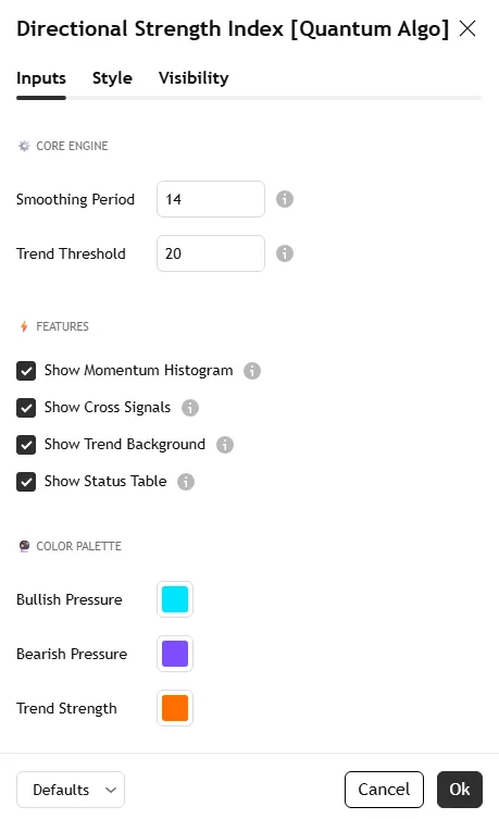 Directional Strength Index settings panel: DI length, strength smoothing, threshold zones, confidence filter, cooldown, histogram and dashboard options