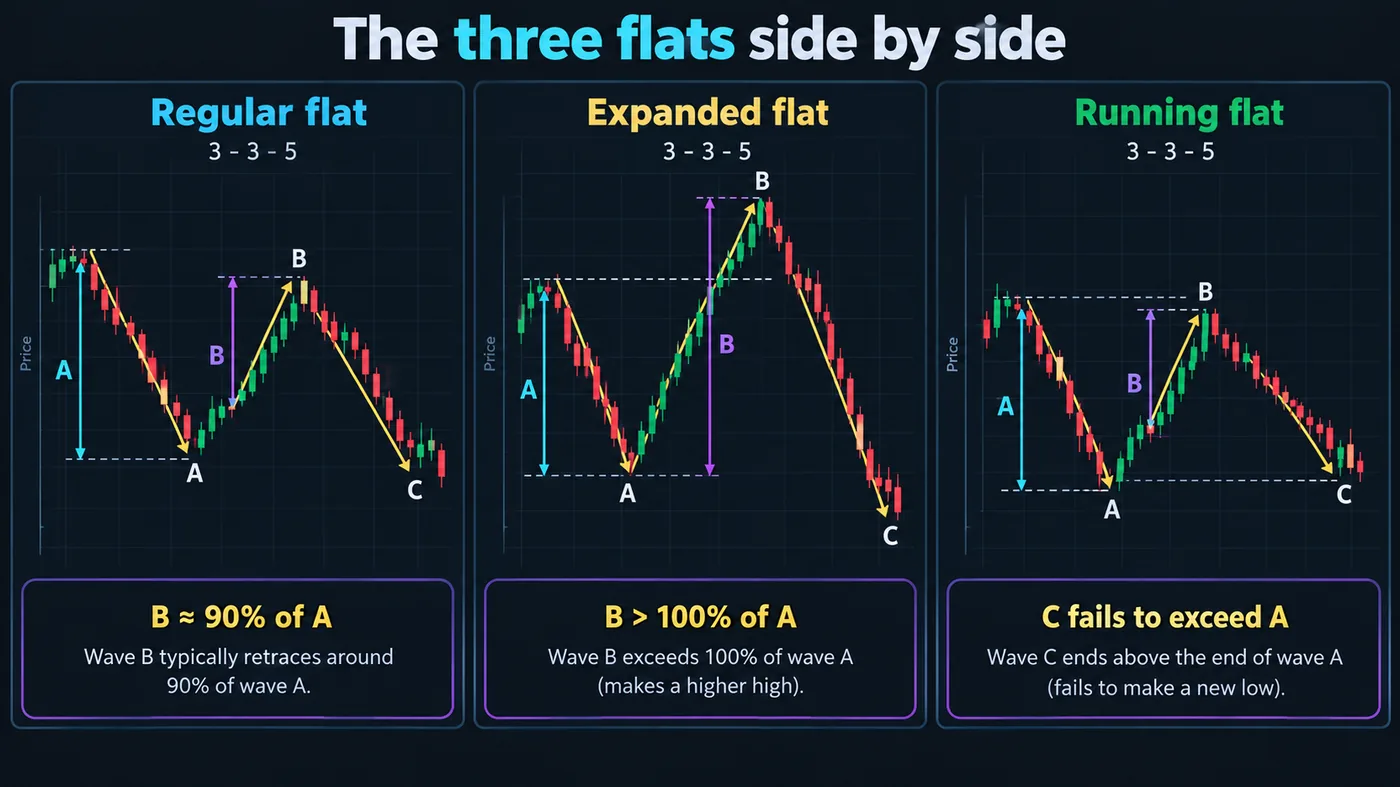Regular, expanded and running flat corrections drawn side by side as 3-3-5 structures with wave B height relat Regular, expanded and running flat corrections drawn side by side as 3-3-5 structures with wave B height relative to wave A shown for each